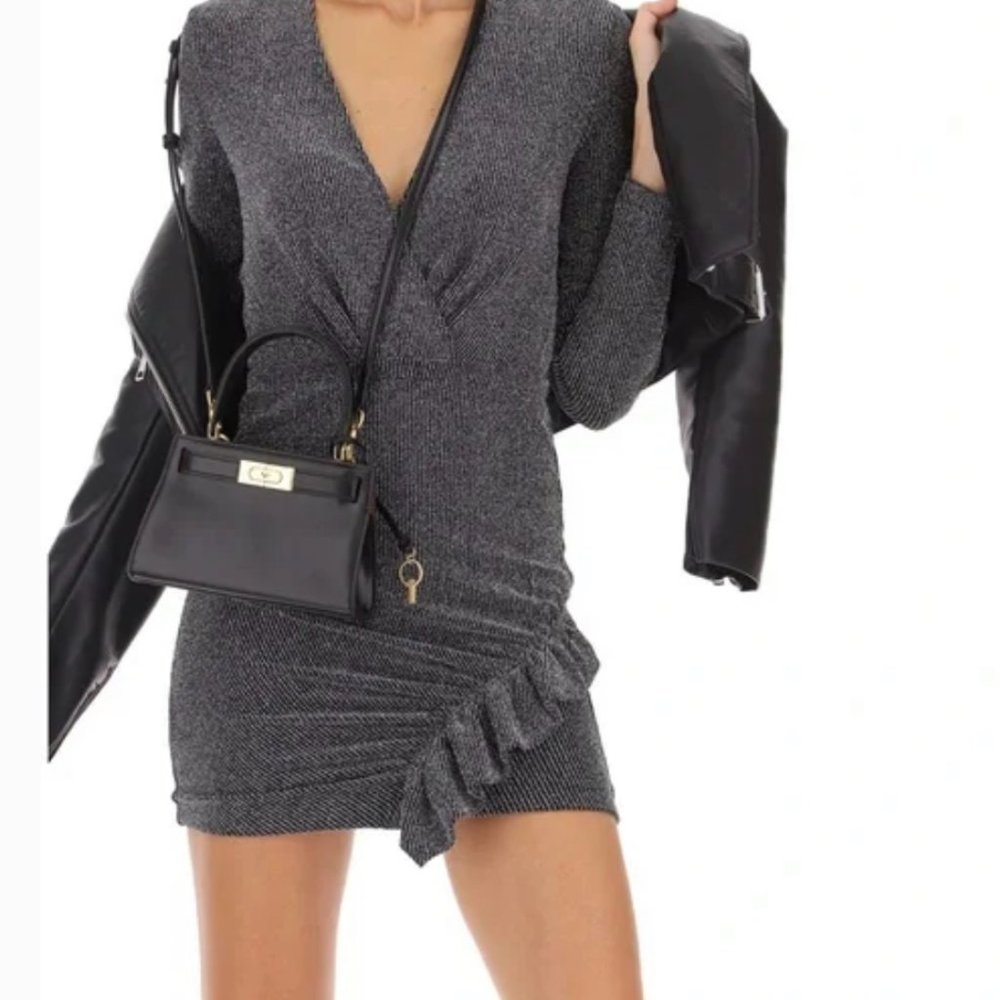 NWT -IRO Noize Ruffled Wrap Effect Metallic Silver Black Rib Knit Mini Dress 40